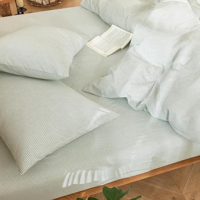 MooMee Striped Duvet Cover Set 100% Washed Cotton Linen Like Textured Breathable Durable Soft Comfy (Sage Green White Pinstripes, Cal King 104"x98")