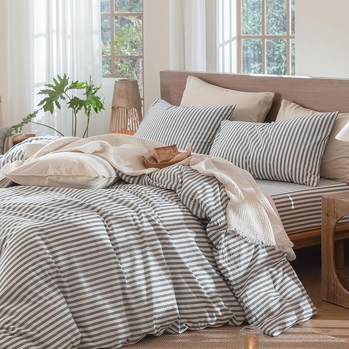 MooMee Striped Duvet Cover Set 100% Washed Cotton Linen Like Textured Breathable Durable Soft Comfy (Dark Grey White Classic Stripes, Twin 68"x90")