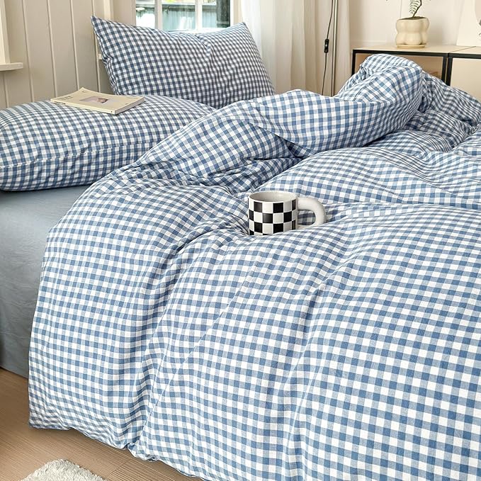 Blue Gingham Comforter Set Queen Modern Plaid Checkered Pattern Comforter 3 Pieces Blue Grid Comforter with 2 Pillowcases Soft Fluffy Gingham Bedding Set Farmhouse Plaid Comforter Set for All Seasons