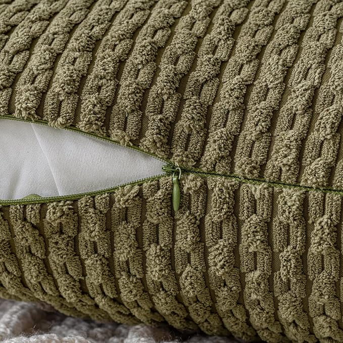 MIULEE Pack of 2 Decorative Lumbar Throw Pillow Covers 12x20 Inch Soft Boho Striped Textured Corduroy Pillow Covers Modern Farmhouse Home Decor for Couch Bed Sofa Living Room Olive Green