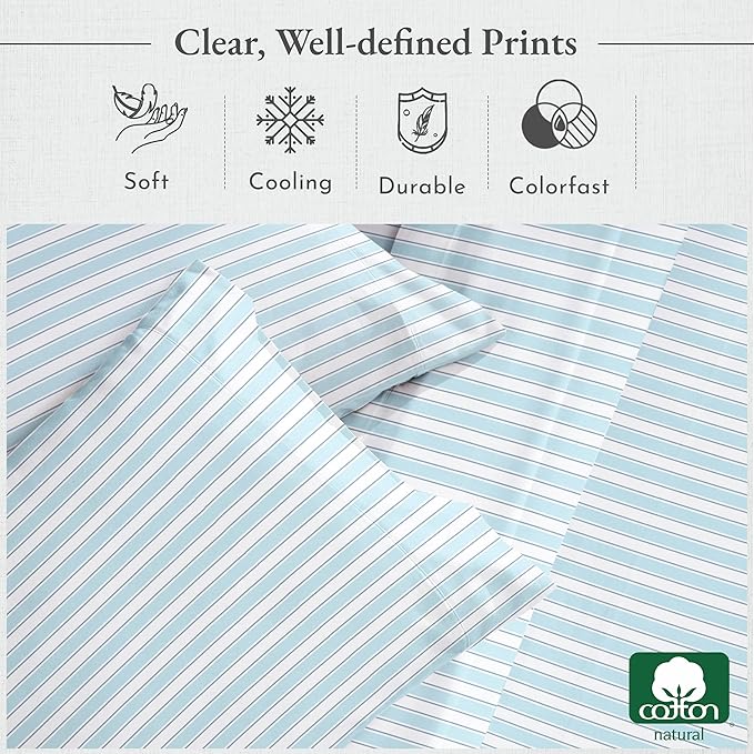 California Design Den Printed Twin XL Sheet Sets - 400 Thread Count Sateen, Natural 100% Cotton Sheets, Deep Pockets, and Durable Bedding Set - Cape Stripe
