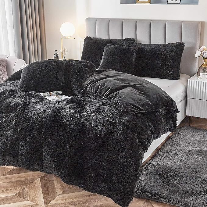 Uhamho Faux Fur Velvet Fluffy Bedding Duvet Cover Set Down Comforter Quilt Cover with Pillow Shams, Ultra Soft Warm (Black, Queen)