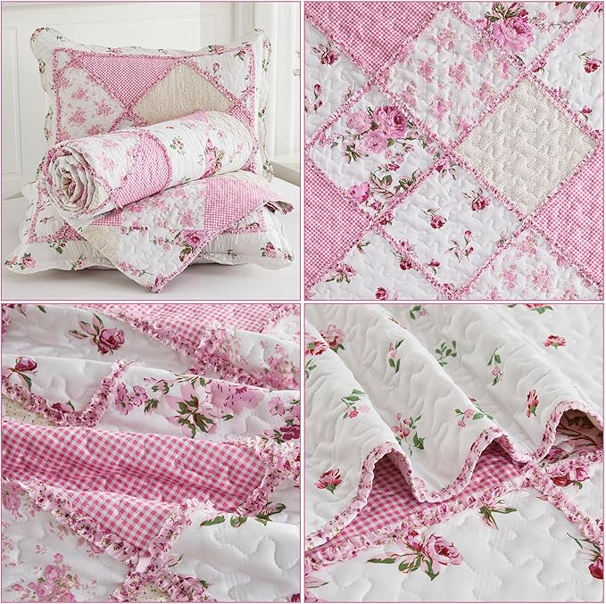 Oversized King Size Pink Floral Plaid Patchwork Quilt Set 128x120 Extra Wide Super King Size Reversible Quilted Bedspread Coverlet Set 3-Piece Comforter Bedding Set Bed Cover with 2 Pillow Shams