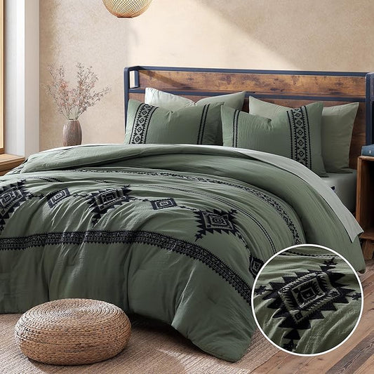 MaiRêve Super King Plus Comforter Set Dark Olive Green, Embroidery Western Boho Bedding Set 7 Pieces, All Season Farmhouse Bed in A Bag Comforter Set with Sheets, Pillowcases & Shams
