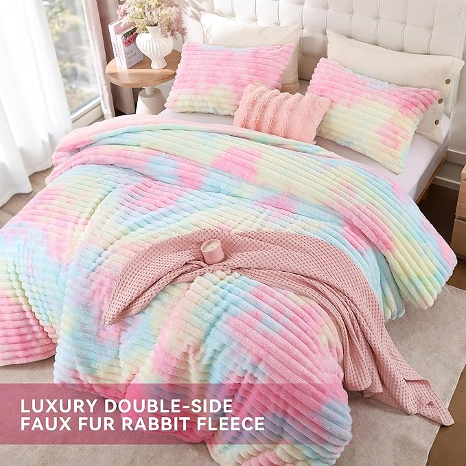 Smoofy Fluffy Full Size Comforter Sets 3 Pieces - Rainbow Fleece Fluffy Comforter Set, Luxury Fuzzy Full Bedding Set, Soft Comforter Full Size All Season, Heavy Faux Fur Comforter with 2 Pillow Cases