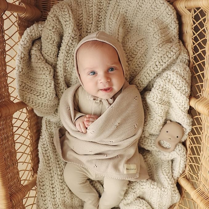 Baby Gift Set - Organic Cotton Newborn Blanket Essentials, Thoughtful Baby Shower & New Baby Gift for Boys & Girls (Pointelle - Oatmeal)