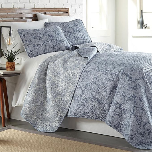 Southshore Fine Living, Inc. Twin XL Quilt Bedding Set, Dorm Bedding Essentials, 2-Sided Reversible, Stain Resistant, Machine Washable Paisley Bedspread, Twin XL Comforter w/Pillow Sham, Paisley Blue
