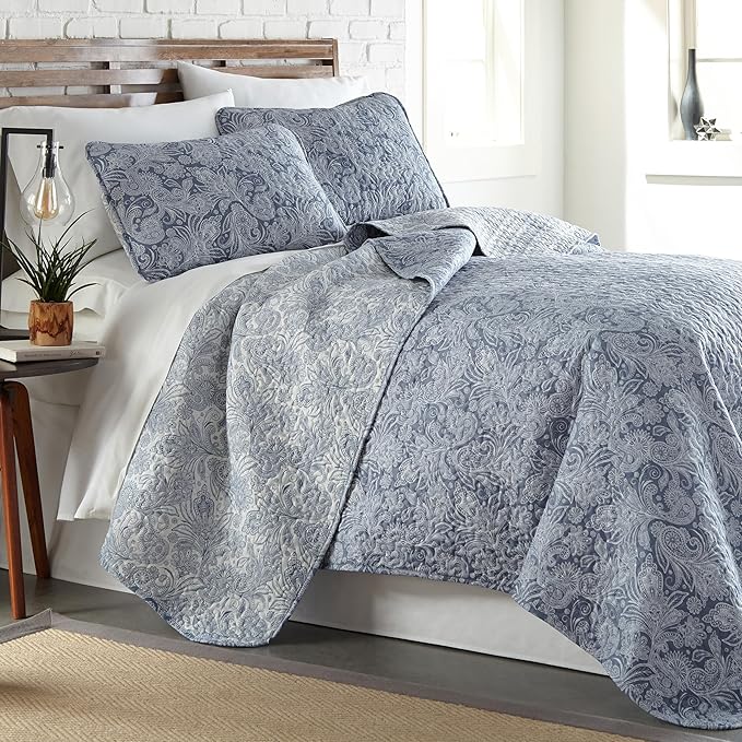 Southshore Fine Living, Inc. Paisley Quilt Queen Size Bedding Set, Full Size Quilted Coverlet, Boho Bedspreads Queen Size Set with Two Matching Pillow Shams, Full/Queen, Reversible Blue