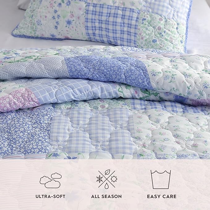 Laura Ashley Kids - Twin Quilt Set, Soft & Cozy Toddler Bedding Set with Matchin Sham, Whimsical Bedroom Decor, Ideal Girl Room Essentials (Parker Patchwork Purple, Twin)