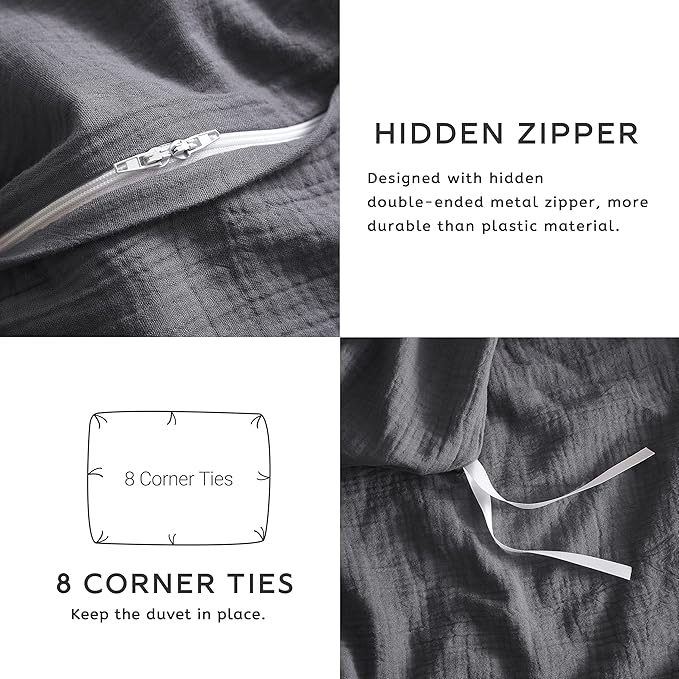 SE SOFTEXLY Muslin Duvet Cover California King Size, 100% Washed Cotton Duvet Cover Set, Ultra Soft Comforter Cover Linen Like, 3 Pieces Gauze Duvet Cover with 2 Pillowcases, 98"x104", Dark Grey