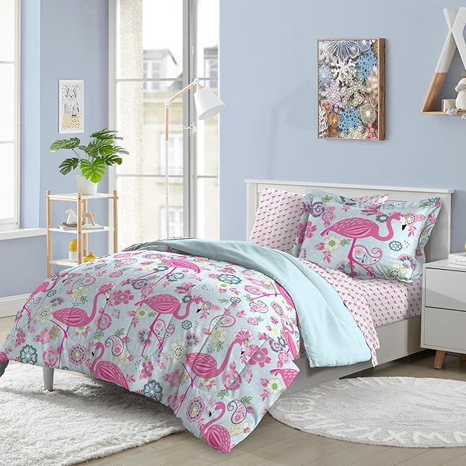 dream FACTORY Kids 7-Piece Complete Set Easy-Wash Super Soft Microfiber Comforter Bedding, Full, Pink Flamingo