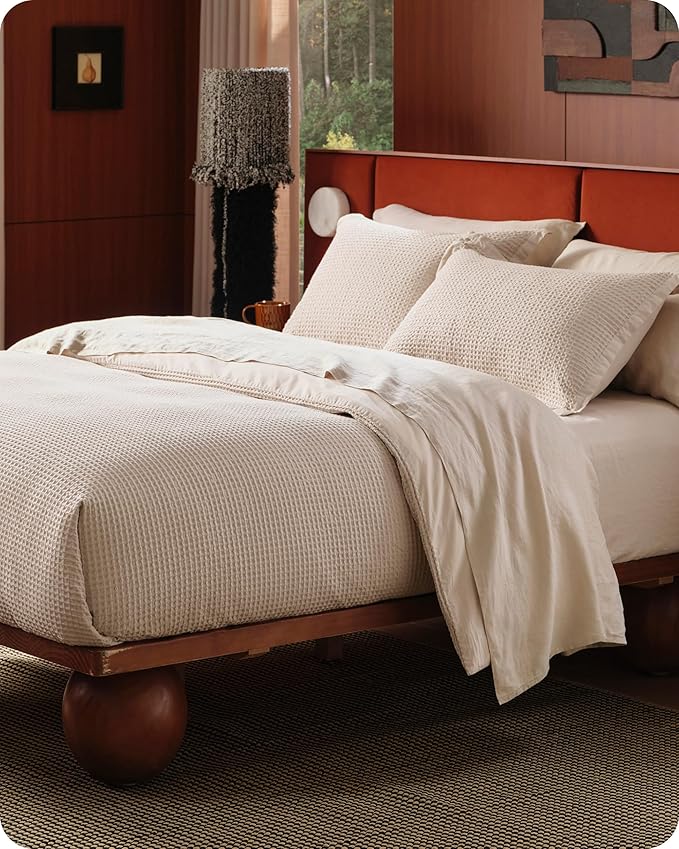 Bedsure Cotton Duvet Cover Set - 100% Cotton Waffle Weave Beige Duvet Cover California King, GentleSoft™ and Breathable Cal King Bedding Set for All Season, 3 Pieces, 104"x98"