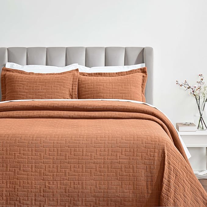 Superior 3 Piece Cotton Bedspread and Sham Set, Home Bed Decor, Decorative Bed Spread, 2 Pillow Shams, Medium Weight, Matelasse Coverlet, Bedding Essentials, Madrid Collection, Queen, Burnt Orange