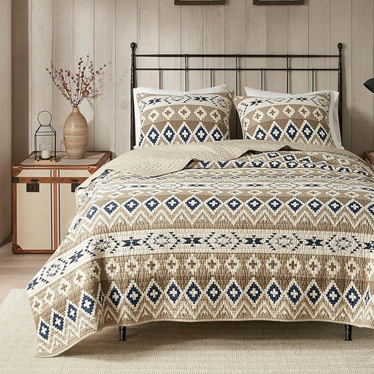 Woolrich Reversible Quilt Cabin Lifestyle Design - All Season, Breathable Coverlet Bedspread Bedding Set, Matching Shams, Oversized King/Cal King, Montana Tribal Tan 3 Piece