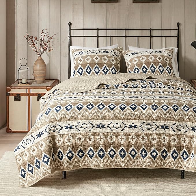 Woolrich Reversible Quilt Cabin Lifestyle Design - All Season, Breathable Coverlet Bedspread Bedding Set, Matching Shams, Oversized Full/Queen, Montana Tribal Tan 3 Piece