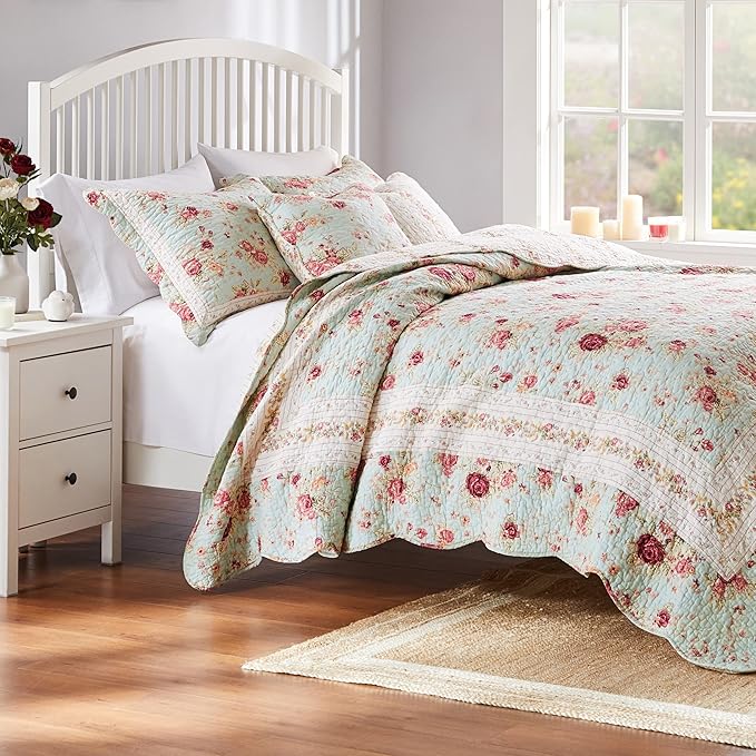 Greenland Home Antique Rose 100% Cotton Heirloom-Quality Quilt Set, 5-Piece Full/Queen, Blue