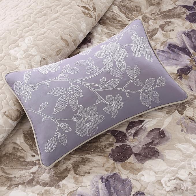 Madison Park Luna Quilt Modern Classic Design All Season, Breathable Coverlet Lightweight Bedding Set, Matching Shams, Decorative Pillow, King/Cal King(104"x94"), Floral Taupe 6 Piece