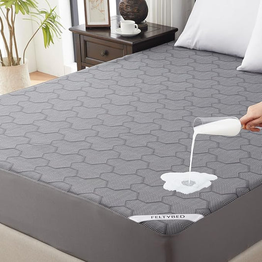 Twin Size Waterproof Mattress Protector, 40% Rayon Derived from Bamboo Grey Mattress Pad Cover, 3D Air Fabric Breathable Mattress Pad Fitted with Deep Pocket 6"- 15" Machine Washable