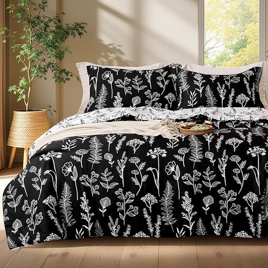 Joiedomi California King Comforter Set Black, 3 Pieces Floral California King Bedding Set with 1 Soft Reversible Botanical Comforter and 2 Pillow Shams, Bed in a Bag for All Seasons