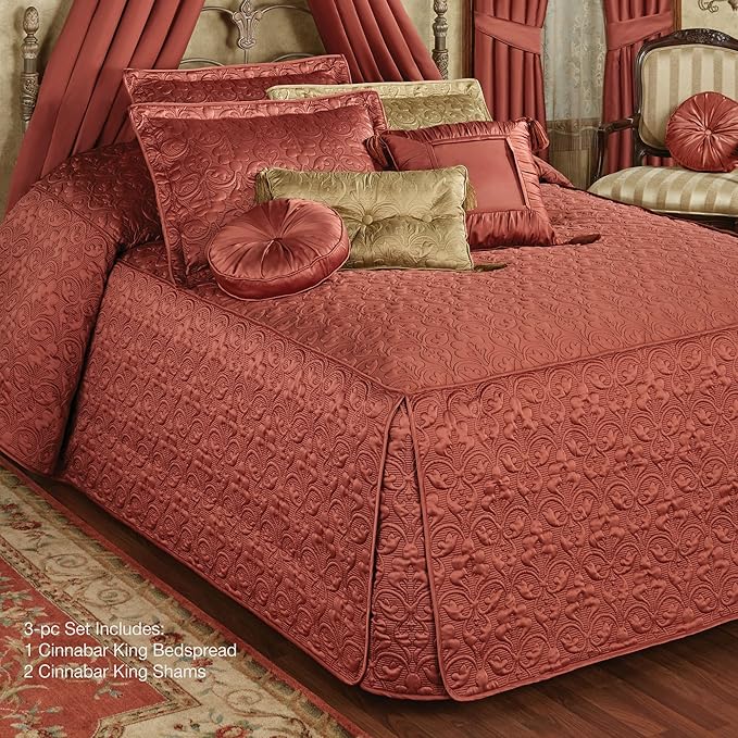 Cambridge Classic Luxury Bedding | Warm Cinnabar Solid Color Polyester Satin | Elaborate Damask Quilting | Fitted, Oversized 24 Inch Drop | 3 Piece Bed Set Includes King Bedspread and 2 King Shams