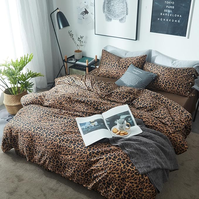 LifeTB Cotton Leopard Print Duvet Cover Queen Bedding Set Luxury Soft 100% Long Staple Cotton Duvet Cover Boho Leopard Pattern Comforter Cover 3 Pieces Modern Style Bedding Duvet Cover Set