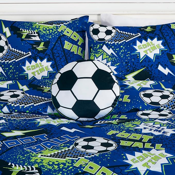 Chezmoi Collection 4-Piece Kids Football Soccer Bedding Comforter Set Full/Queen Size - Soft Microfiber Blue Green Black White Printed Football Soccer Sports for Kids/Teens
