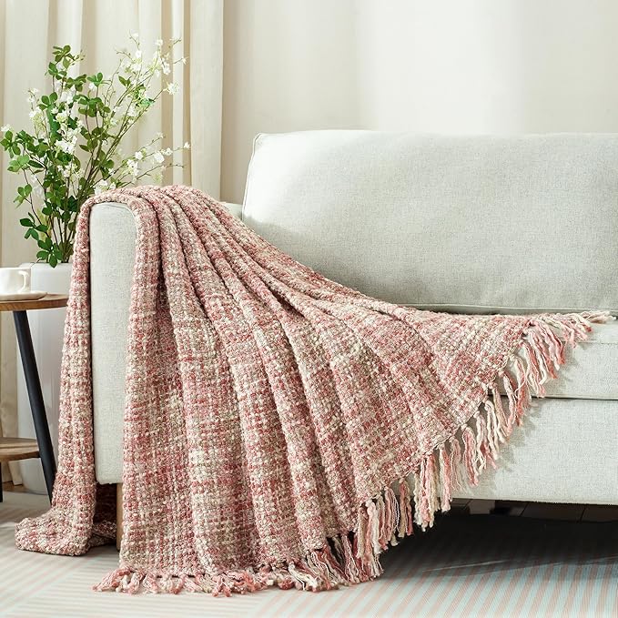 Multi-Color Light Pink Cable Knitted Throw Blanket for Couch,60"X80" Boho Style Textured Blankets for Home Decor,Super Soft Warm Cozy Chunky Knit Blanket with Decorative Tassels for Bed