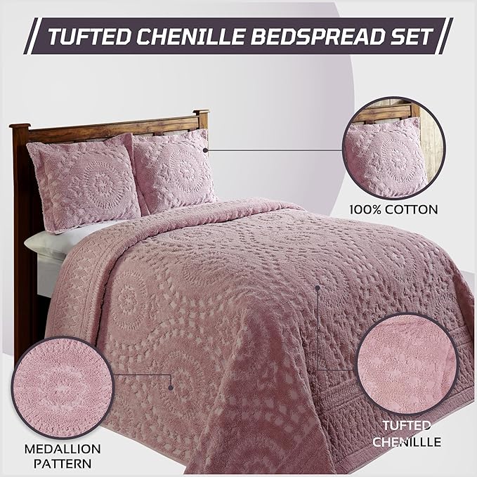 Better Trends 1 Piece Chenille Bedspread Full/Double Size 100% Cotton Chenille Bedding Lightweight Medallion Pattern Bedroom Decor Rio Collection