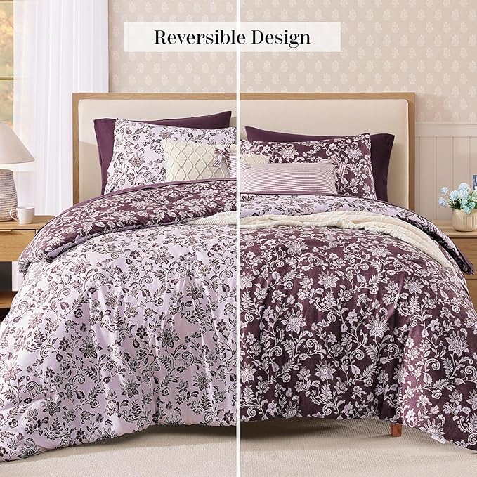 Queen Comforter Set -7 Pieces Floral Dark Purple Comforter Set for All Seasons, Bed in a Bag Queen with Botanical Flowers Comforter, Sheets, Pillowcases & Shams