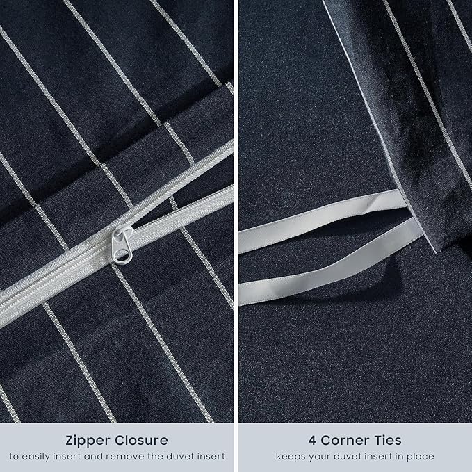 Wake In Cloud - Striped Cotton Duvet Cover Set, Ticking Stripe Vertical Pinstripe Farmhouse, 100% Washed Cotton Textured Percale Bedding Set, 3 Pieces, Navy Blue, Twin Size