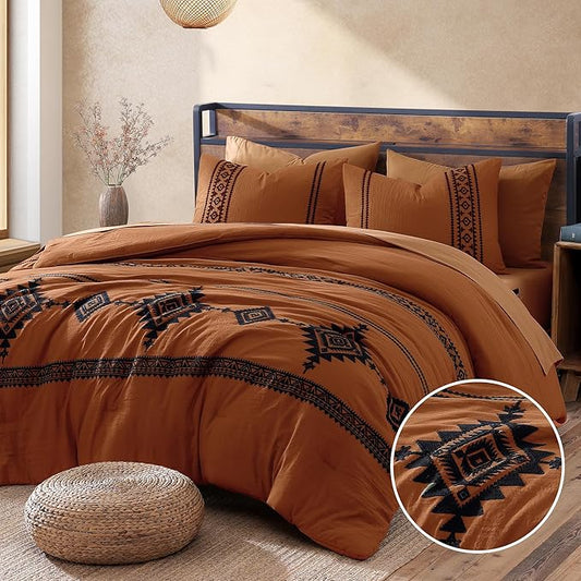 MaiRêve Super King Plus Comforter Set Burnt Orange, Embroidery Western Boho Bedding Set 7 Pieces, All Season Farmhouse Bed in A Bag Comforter Set with Sheets, Pillowcases & Shams