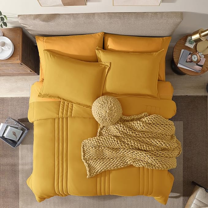 Monbix Full Comforter Set - 7 Pieces Bright Yellow Bed in a Bag Full Size Bedding Sets with Comforters, All Seasons Comforter with Sheets, Pillowcases & Shams