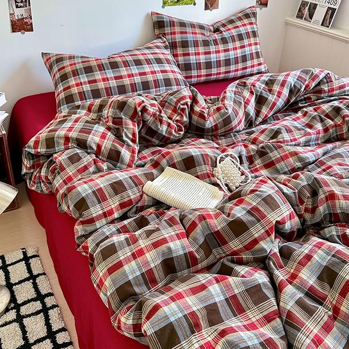 LifeTB Full Comforter Set Vintage Buffalo Plaid Comforter Set, 3 Pieces Red Brown Grid Checkered Comforter with 2 Pillowcases, Breathable Soft Farmhouse Grid Pattern Printed Plaid Gingham Bedding Set