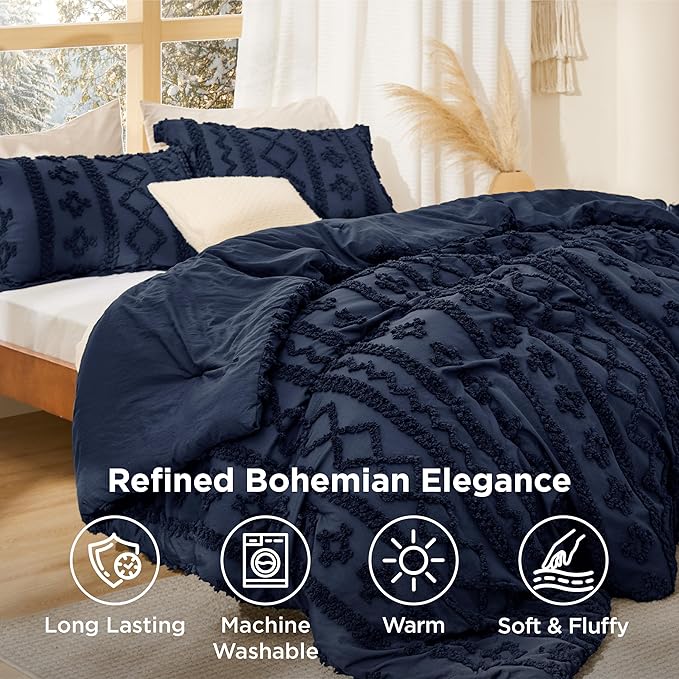 Bedsure Tufted Boho Comforter Set Twin Size - Navy Boho Bed Set, GentleSoft™ 2 Pieces Farmhouse Shabby Chic Embroidery Bedding, Gifts for Woman, Soft Jacquard Twin Comforter for All Seasons
