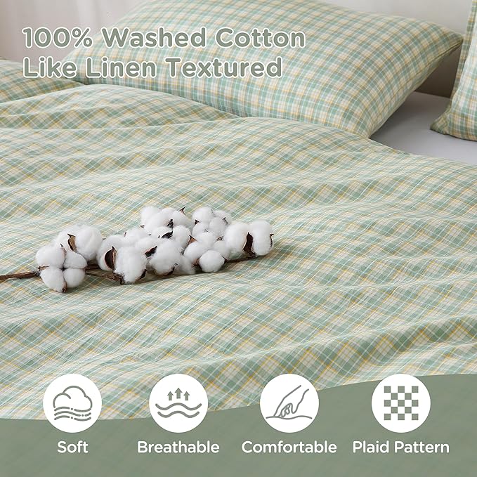 TOCOMOA Plaid Duvet Cover Set 100% Washed Cotton Like Linen Feel Super Soft Comfy 3 Piece Green and Yellow Gingham Checkered Bedding Comforter Cover Set (Queen 90"x90", Comforter Not Included)