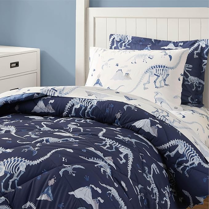 Blue Dinosaur Twin Comforter Set for Boys, 5 Pieces Kids Bedroom Bedding with Sheets and Pillowcase, Super Soft Lightweight for All Season, Machine Washable