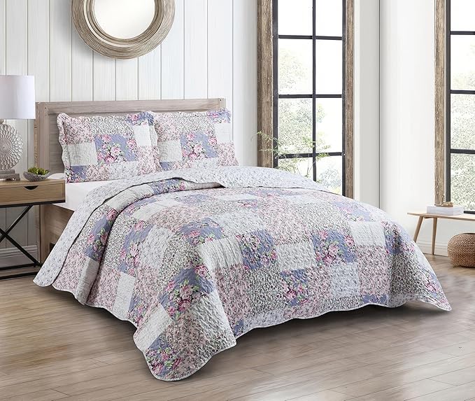 Brilliant Sunshine Roses Toile Quilt Set, 3-Piece Bedding Sets, Traditional Lively Patchwork Design, Washable and Reversible Bedspread, Soft Lightweight Coverlet, All-Season, Full/Queen, Blue Pink