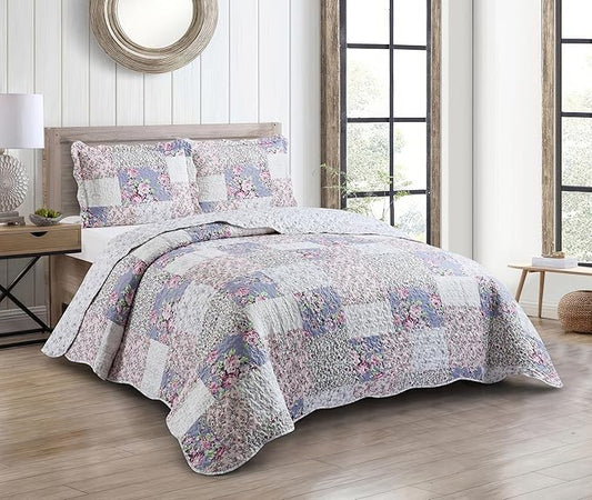 Brilliant Sunshine Roses Toile Quilt Set, 3-Piece Bedding Sets, Traditional Lively Patchwork Design, Washable and Reversible Bedspread, Soft Lightweight Coverlet, All-Season, Full/Queen, Blue Pink