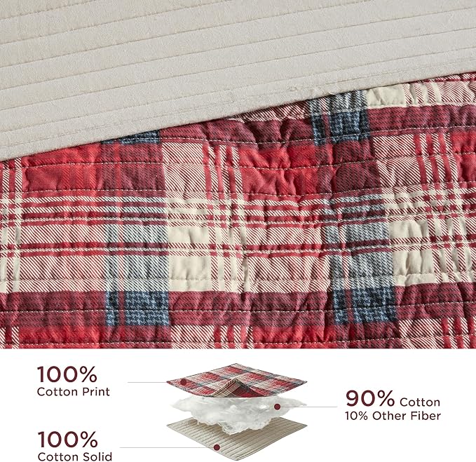 Woolrich Reversible Quilt Cabin Lifestyle Design - All Season, Breathable Coverlet Bedspread Bedding Set, Matching Shams, Oversized Full/Queen, Tasha Plaid Red/Tan 3 Piece