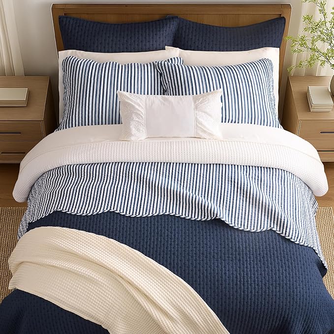 Levtex Home Cross Stitch Reversible Full/Queen Quilt Set (88x92in) with 2 Pillow Shams (26x20in) - Stitch Texture - Navy - Cotton Full/Queen Size Quilt Bedding Set - Lightweight, Soft, Pre-Washed