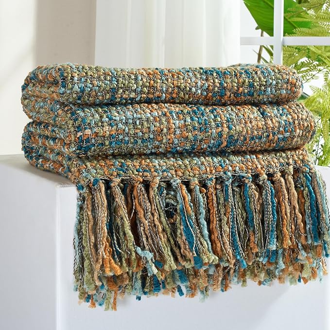 Multi-Color Gold Green Cable Knitted Throw Blanket for Couch,60"X80" Boho Style Textured Blankets for Home Decor,Super Soft Warm Cozy Chunky Knit Blanket with Decorative Tassels for Bed