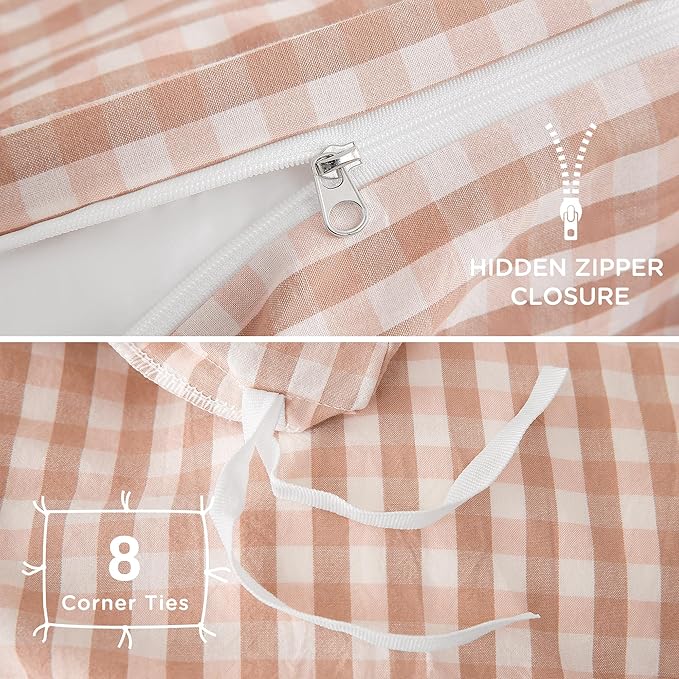 TOCOMOA Pink Tan Gingham Duvet Cover Bedding Set 100% Washed Cotton Like Linen Feel Super Soft Comfy 3 Piece Vintage Plaid Checkered Fall Comforter Cover Set (Full 80"x90", Comforter Not Included)