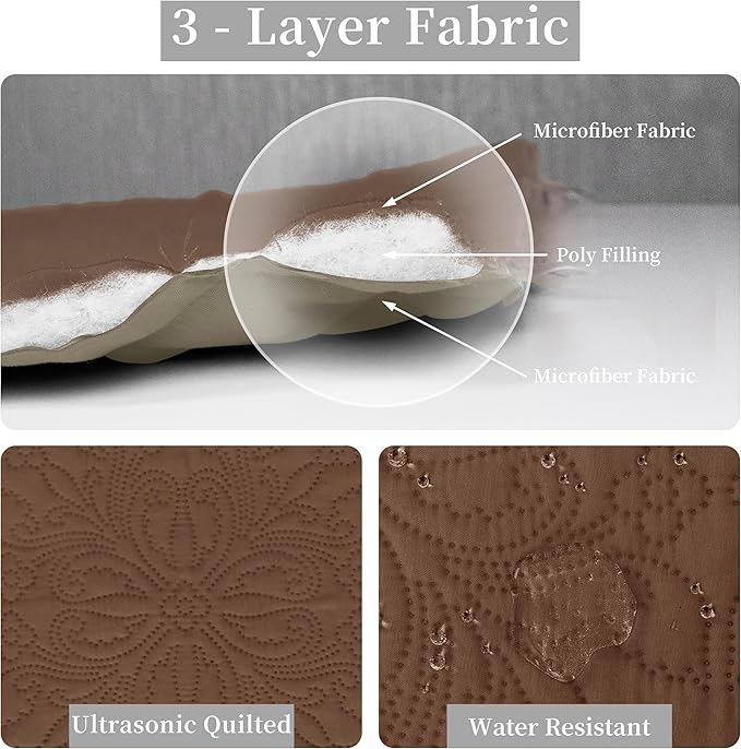 Easy-Going Full/Queen Size Reversible Quilt Set with 1 Quilt and 2 Pillow Shams, Soft Bed Quilt Cover, Water Resistant Lightweight Microfiber Bedspread, Stain Resistant, Damask-Brown/Beige