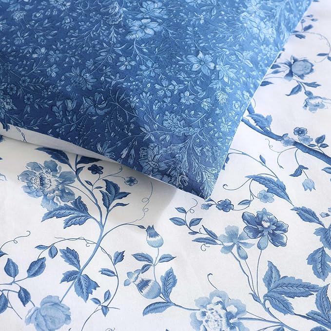 Laura Ashley - King Comforter Set, Reversible Cotton Bedding, Includes Matching Shams with Bonus Euro Shams & Throw Pills (Elise Blue, King)