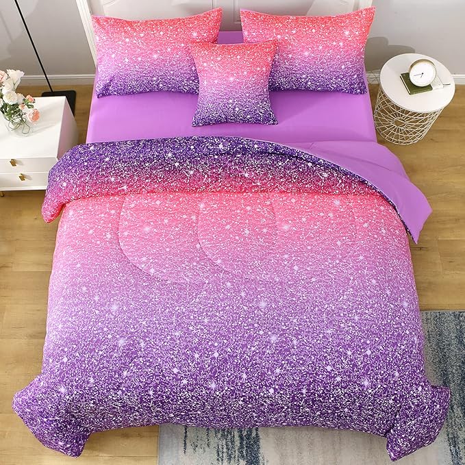JQinHome Full Size Pink Purple Comforter Set, 6 Piece Bed in A Bag 3D Colorful Bedding Set for Girls Women(1 Comforter,2 Pillowcases,1 Flat Sheet,1 Fitted Sheet,1 Cushion Cover)