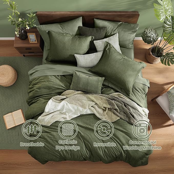 Monbix Super King Plus Size Comforter Set - 7 Pieces Cationic Dyeing Olive Green Bed in a Bag Bedding Sets with Comforter, Sheets, Pillowcases & Shams, Reversible Bedding Comforters Sets