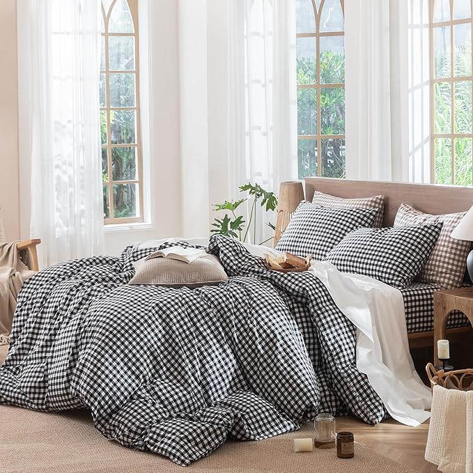 MooMee Gingham Duvet Cover Set 100% Washed Cotton Linen Like Textured Breathable Durable Soft Comfy Modern Checkered Design (Black White Gingham, Super King 108"x98")