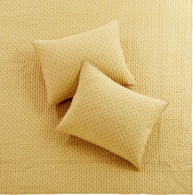 Levtex Home Cross Stitch Reversible King Bedspread Set (120x104in) with 2 Pillow Shams (36x20in) - Stitch Texture - Ochre - Cotton King Size Bedspread Set - Soft, Pre-Washed