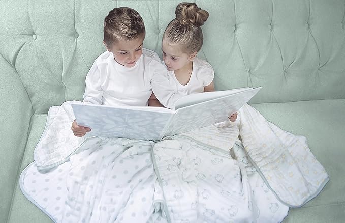 SwaddleDesigns 4-Layer Cotton Muslin Luxe Blanket, Baby and Toddler Cuddle and Dream, 46x46 inches, Sterling Goodnight and Dots