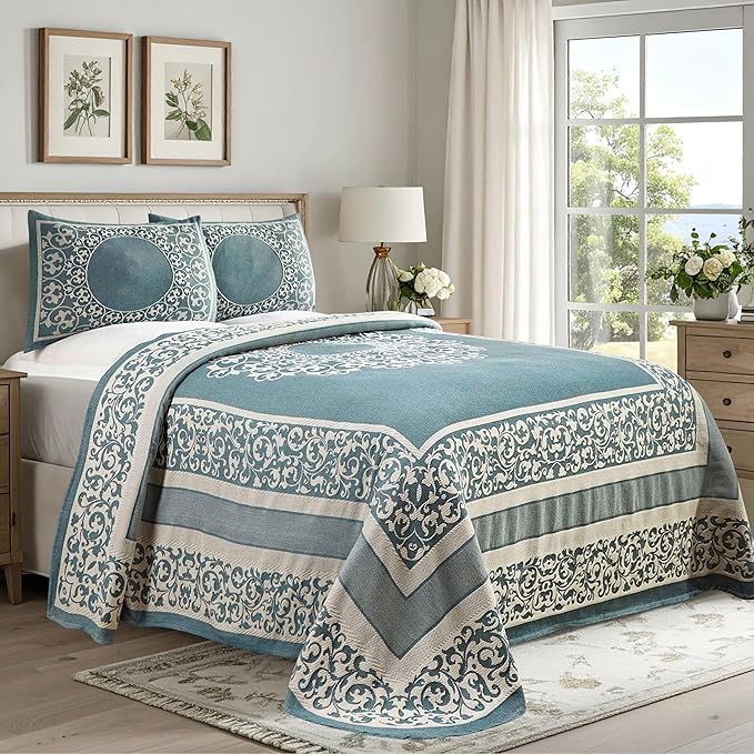 Superior Cotton Blend Bedspread Set, Includes Oversized Bedspread and 2 Matching Pillow Shams, Light Weight Blanket, Jacquard Vintage Floral Mandala, Lyron Collection - Twin, Cerulean Blue